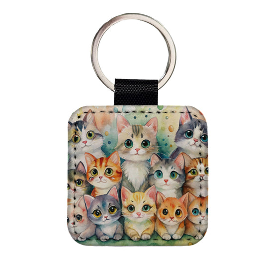 Lots Of Cute Cats Watercolor Square Faux Leather Keychain