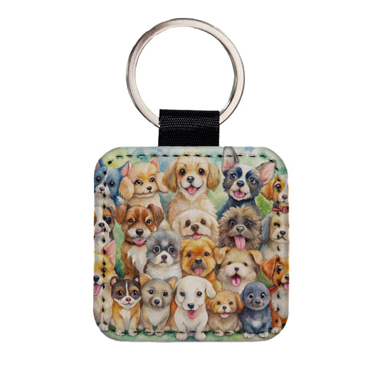 Lots Of Cute Dogs Watercolor Square Faux Leather Keychain