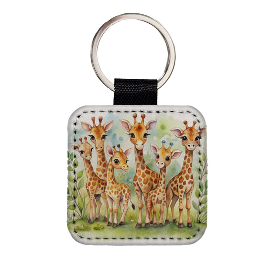 Lots Of Cute Giraffes Watercolor Square Faux Leather Keychain