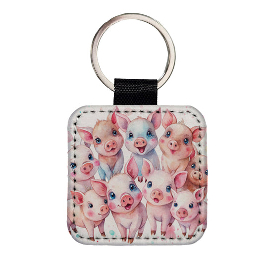 Lots Of Cute Pigs Watercolor Square Faux Leather Keychain