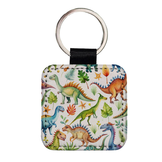 Lots Of Dinosaurs Watercolor Square Faux Leather Keychain