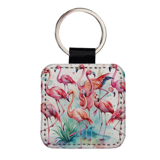 Lots Of Flamingos Watercolor Square Faux Leather Keychain