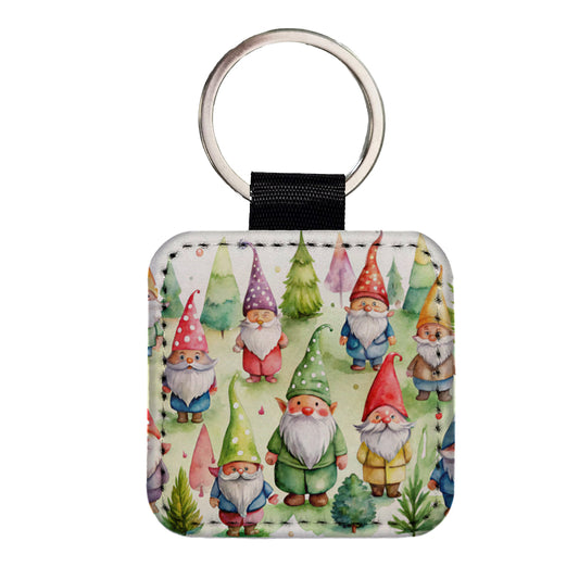 Lots Of Gnomes Watercolor Square Faux Leather Keychain