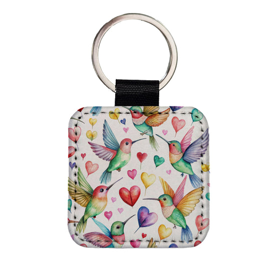 Lots Of Hummingbirds And Hearts Square Faux Leather Keychain