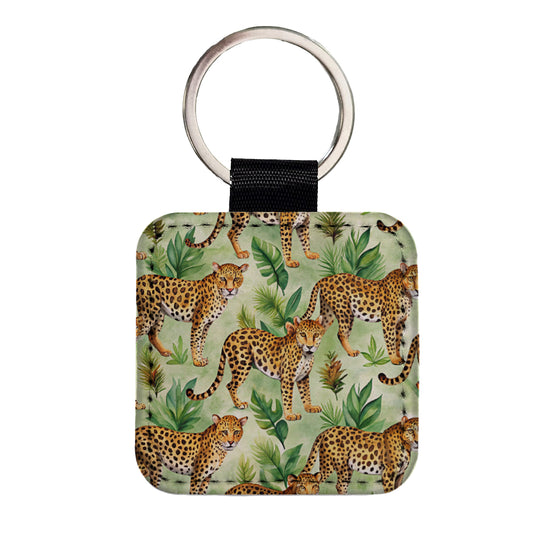 Lots Of Leopards Square Faux Leather Keychain