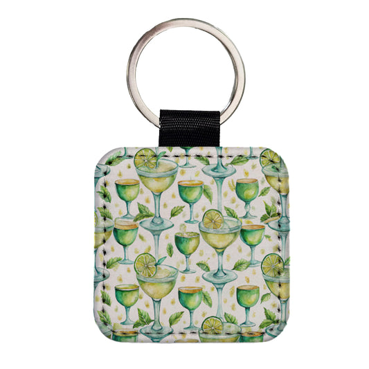 Lots Of Margaritas Alcohol Watercolor Square Faux Leather Keychain