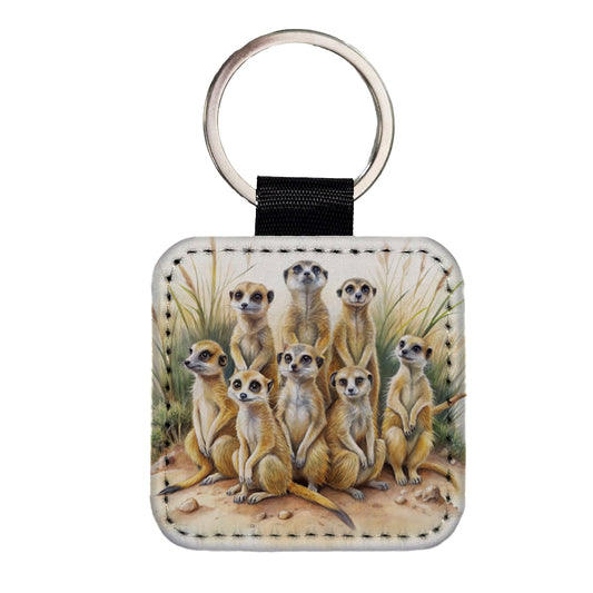 Lots Of Meerkats Watercolor Square Faux Leather Keychain