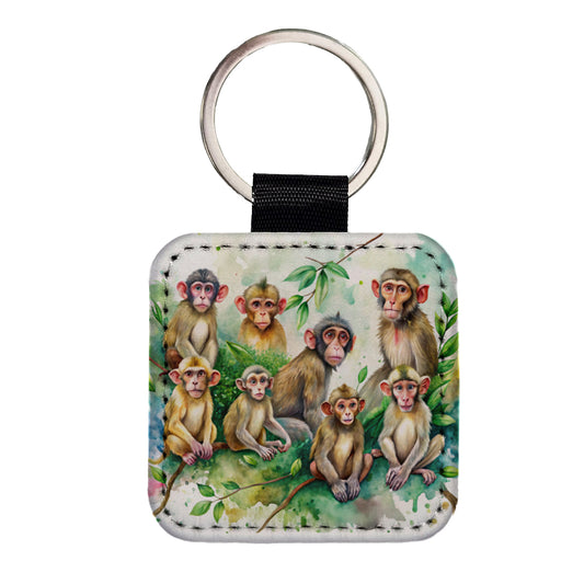 Lots Of Monkeys Watercolor Square Faux Leather Keychain