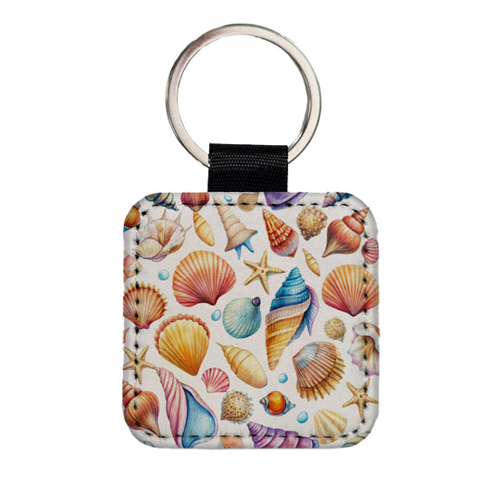 Lots Of Shells Beach Ocean Square Faux Leather Keychain