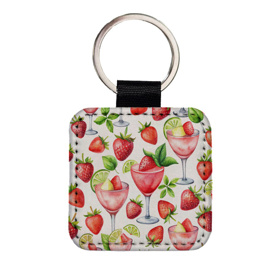 Lots Of Strawberry Daquiris Alcohol Square Faux Leather Keychain