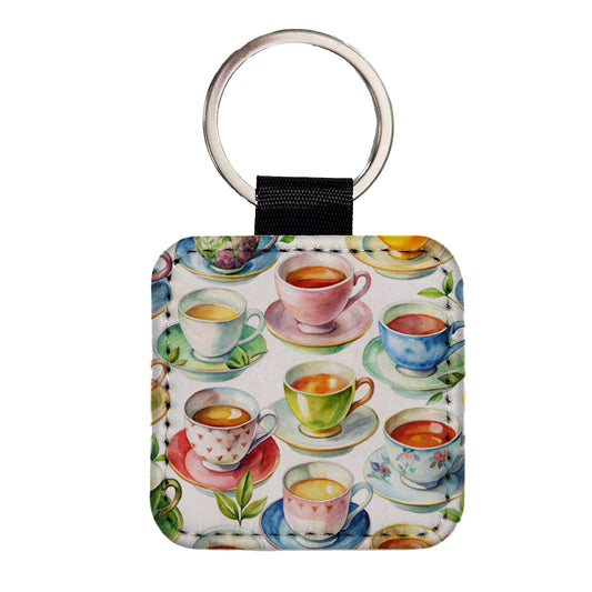 Lots Of Tea Cups Square Faux Leather Keychain