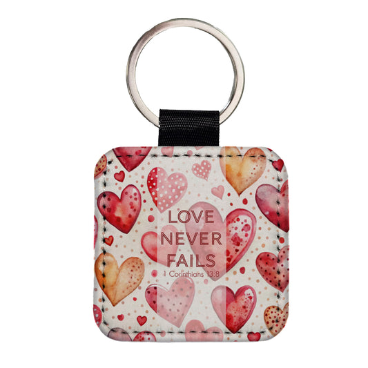 Love Never Fails Corinthians Red Hearts Christian Inspirational Square Faux Leather Keychain