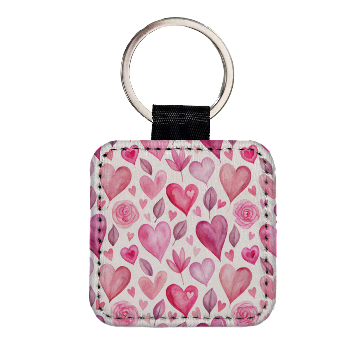 Love Pink Hearts Valentine's Day Square Faux Leather Keychain