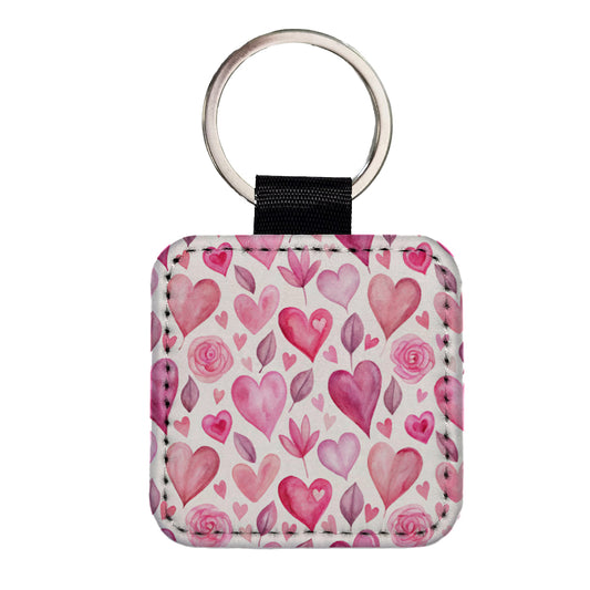 Love Pink Hearts Valentine's Day Square Faux Leather Keychain
