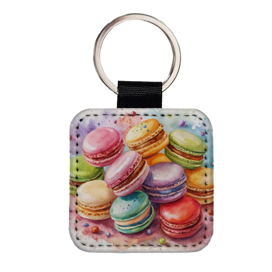 Macaron Cookies Watercolor Square Faux Leather Keychain