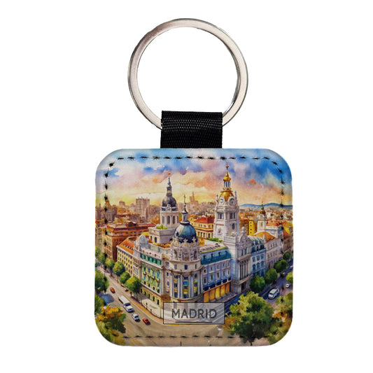 Madrid Spain Travel City Watercolor Square Faux Leather Keychain