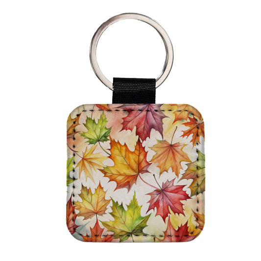 Maple Leaves Watercolor Square Faux Leather Keychain