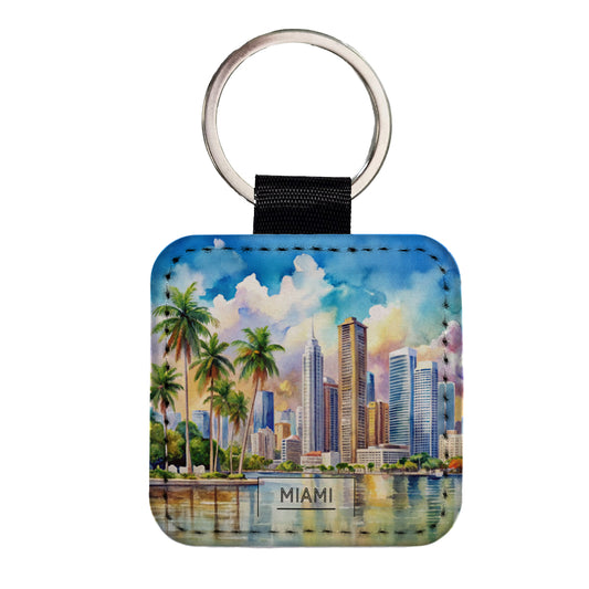 Miami Florida Travel Watercolor Square Faux Leather Keychain
