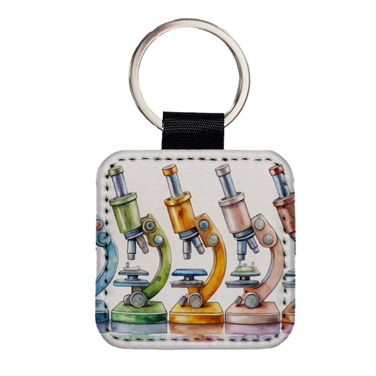 Microscopes In A Row Science Scientist Lab Anatomy Teacher Square Faux Leather Keychain
