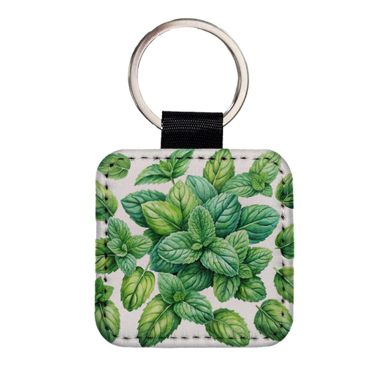 Mint Leaves Watercolor Square Faux Leather Keychain