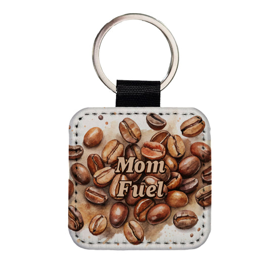Mom Fuel Coffee Beans Watercolor Square Faux Leather Keychain