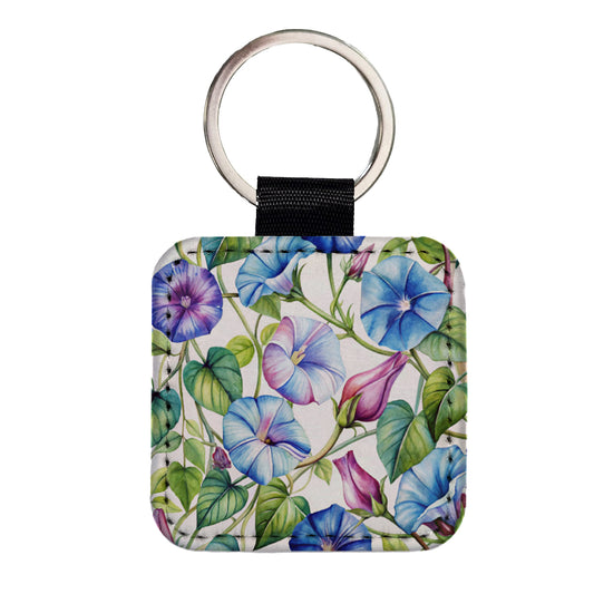 Morning Glories Flowers Watercolor Square Faux Leather Keychain