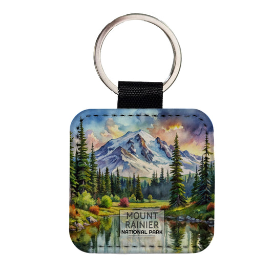 Mount Rainier National Park Washington Watercolor Square Faux Leather Keychain