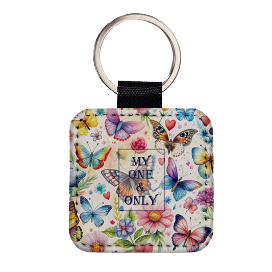 My One And Only Love Romance Anniversary Wedding Butterflies Hearts Flowers Square Faux Leather Keychain