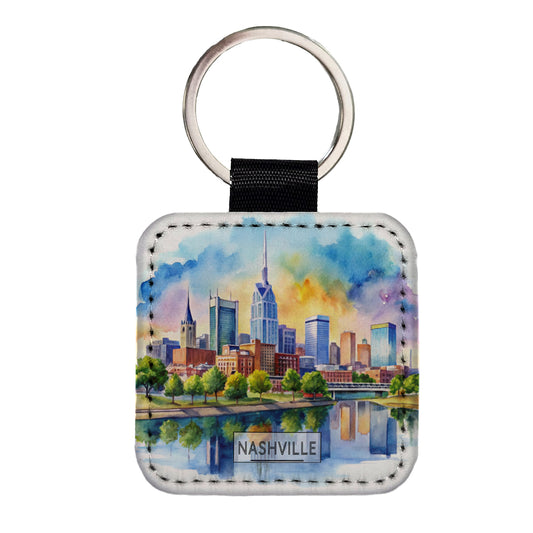Nashville Tennessee Travel City Watercolor Square Faux Leather Keychain