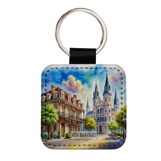 New Orleans Louisiana Travel City Watercolor Square Faux Leather Keychain