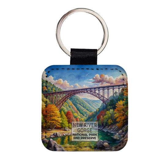 New River Gorge With Bridge National Park West Virginia Watercolor Square Faux Leather Keychain