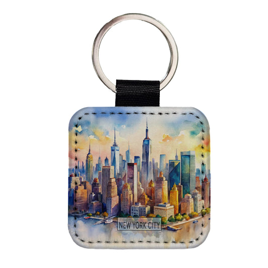 New York City NYC Travel Watercolor Square Faux Leather Keychain