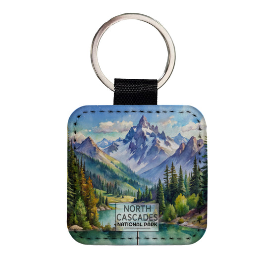 North Cascades National Park Washington Watercolor Square Faux Leather Keychain