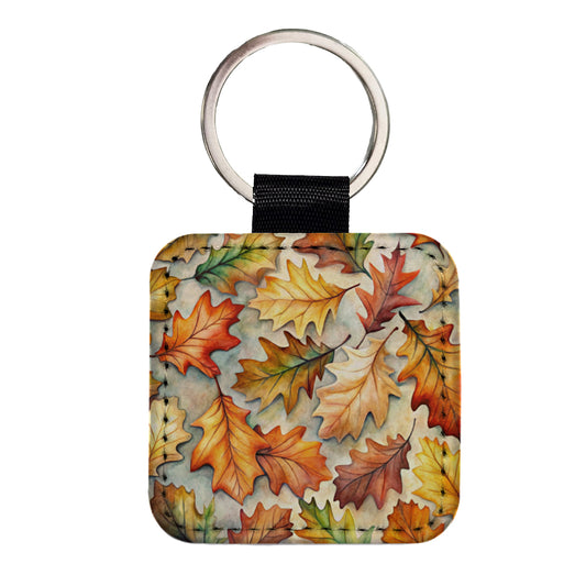 Oak Leaves Watercolor Square Faux Leather Keychain