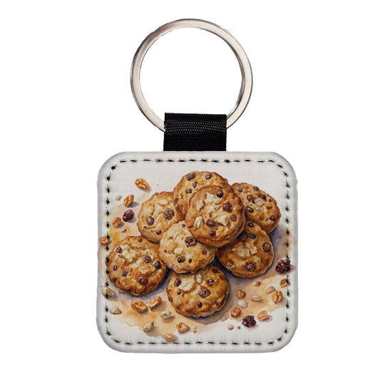 Oatmeal Raisin Cookies Square Faux Leather Keychain