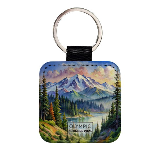 Olympic National Park Washington Watercolor Square Faux Leather Keychain