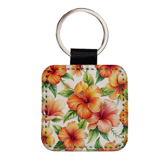 Orange Hibiscus Flowers Watercolor Square Faux Leather Keychain