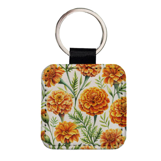 Orange Marigolds Flowers Watercolor Square Faux Leather Keychain