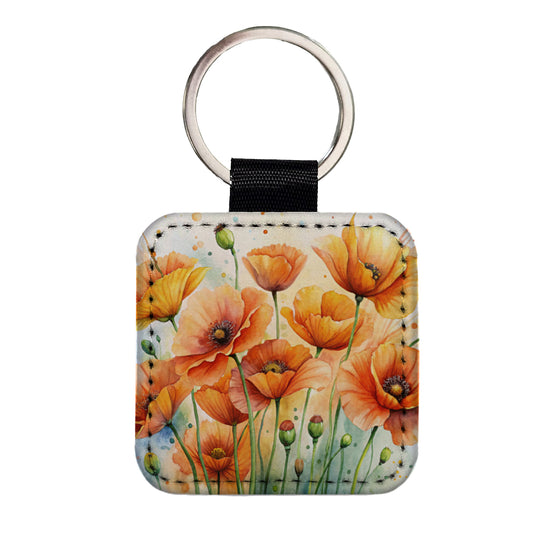 Orange Poppies Flowers Watercolor Square Faux Leather Keychain