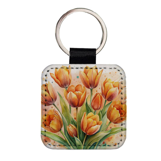 Orange Tulips Flowers Watercolor Square Faux Leather Keychain