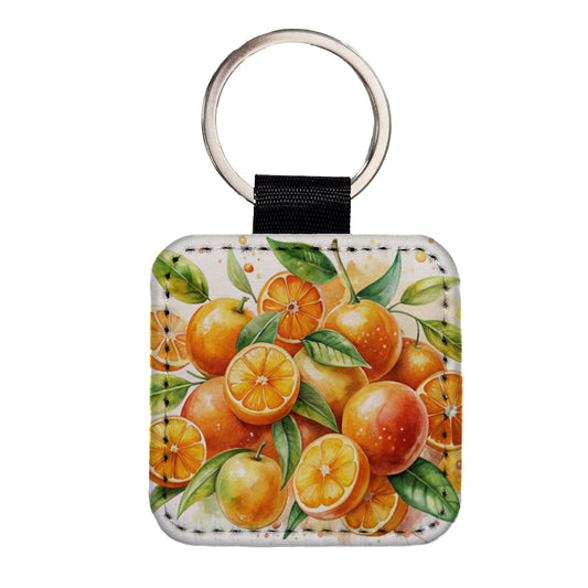 Oranges Fruit Watercolor Square Faux Leather Keychain