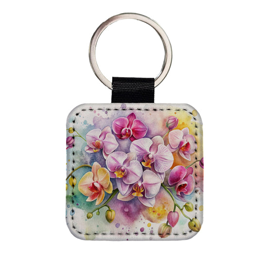 Orchids Flowers Watercolor Square Faux Leather Keychain