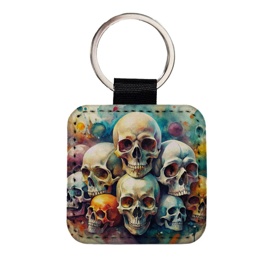 Overlapping Skulls Watercolor Square Faux Leather Keychain