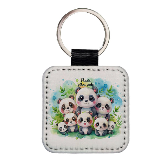 Panda Vibes Only Adorable Square Faux Leather Keychain