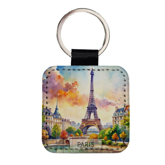 Paris France Eiffel Tower Travel City Watercolor Square Faux Leather Keychain