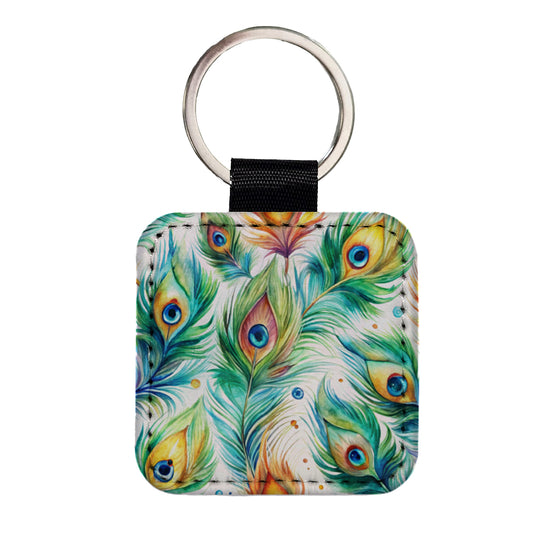 Peacock Feathers Watercolor Square Faux Leather Keychain