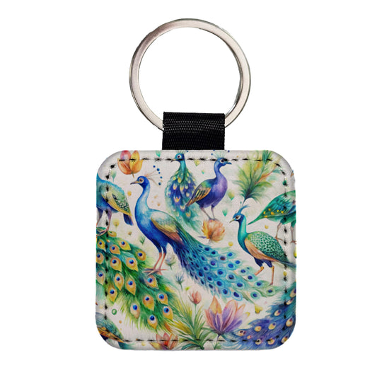Peacocks Beautiful Birds Watercolor Square Faux Leather Keychain