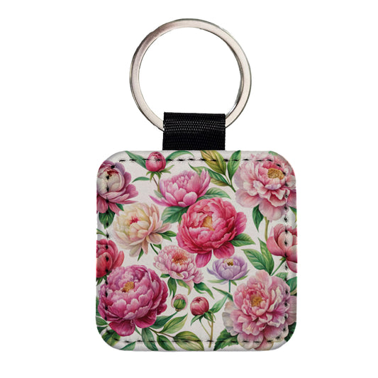 Peonies Pink Flowers Watercolor Square Faux Leather Keychain