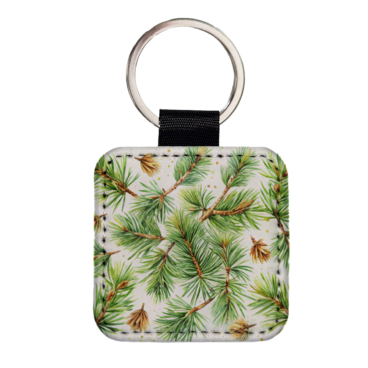 Pine Needles Watercolor Square Faux Leather Keychain