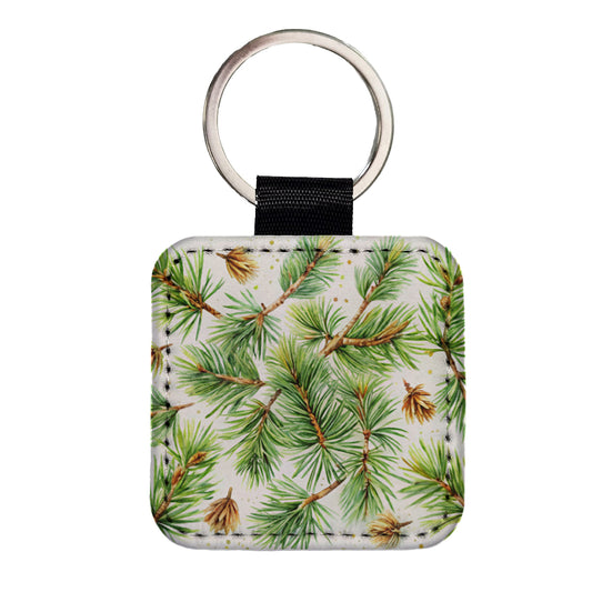 Pine Needles Watercolor Square Faux Leather Keychain